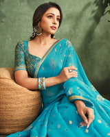 Vishal Prints Wedgewood Blue Printed Chiffon Saree With Foil Print And Zari Border