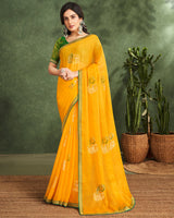 Vishal Prints Dark Yellow Printed Chiffon Saree With Foil Print And Zari Border