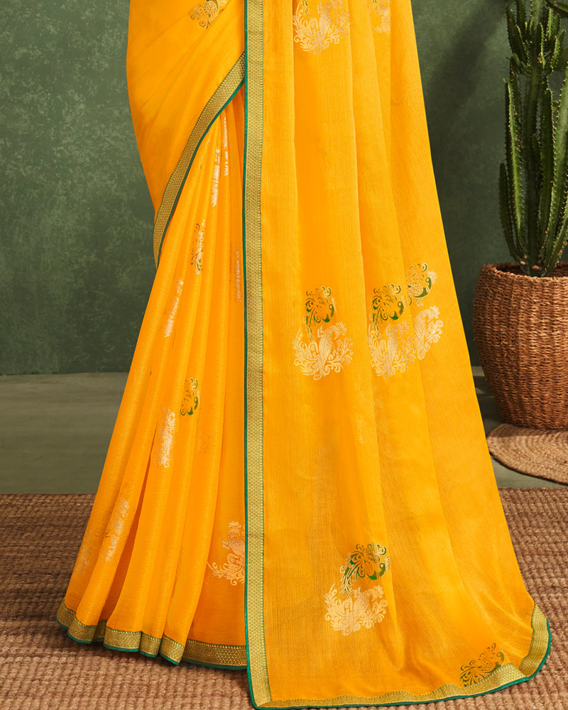 Vishal Prints Dark Yellow Printed Chiffon Saree With Foil Print And Zari Border