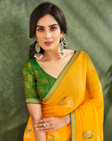 Vishal Prints Dark Yellow Printed Chiffon Saree With Foil Print And Zari Border
