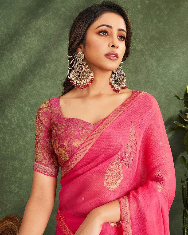 Vishal Prints Mandy Pink Printed Chiffon Saree With Foil Print And Zari Border