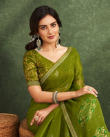 Vishal Prints Mehandi Green Printed Chiffon Saree With Foil Print And Zari Border