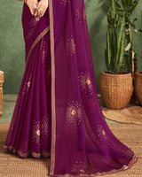 Vishal Prints Wine Printed Chiffon Saree With Foil Print And Zari Border
