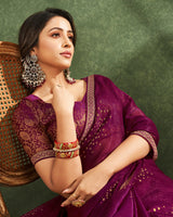 Vishal Prints Wine Printed Chiffon Saree With Foil Print And Zari Border