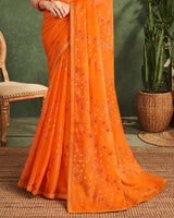Vishal Prints Orange Printed Chiffon Saree With Foil Print And Zari Border