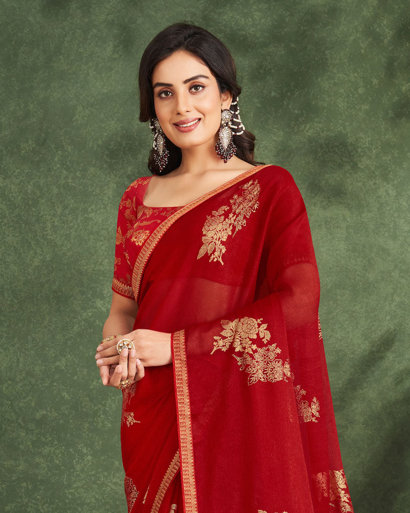 Vishal Prints Cherry Red Printed Chiffon Saree With Foil Print And Zari Border