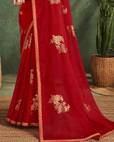 Vishal Prints Cherry Red Printed Chiffon Saree With Foil Print And Zari Border