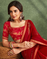 Vishal Prints Cherry Red Printed Chiffon Saree With Foil Print And Zari Border