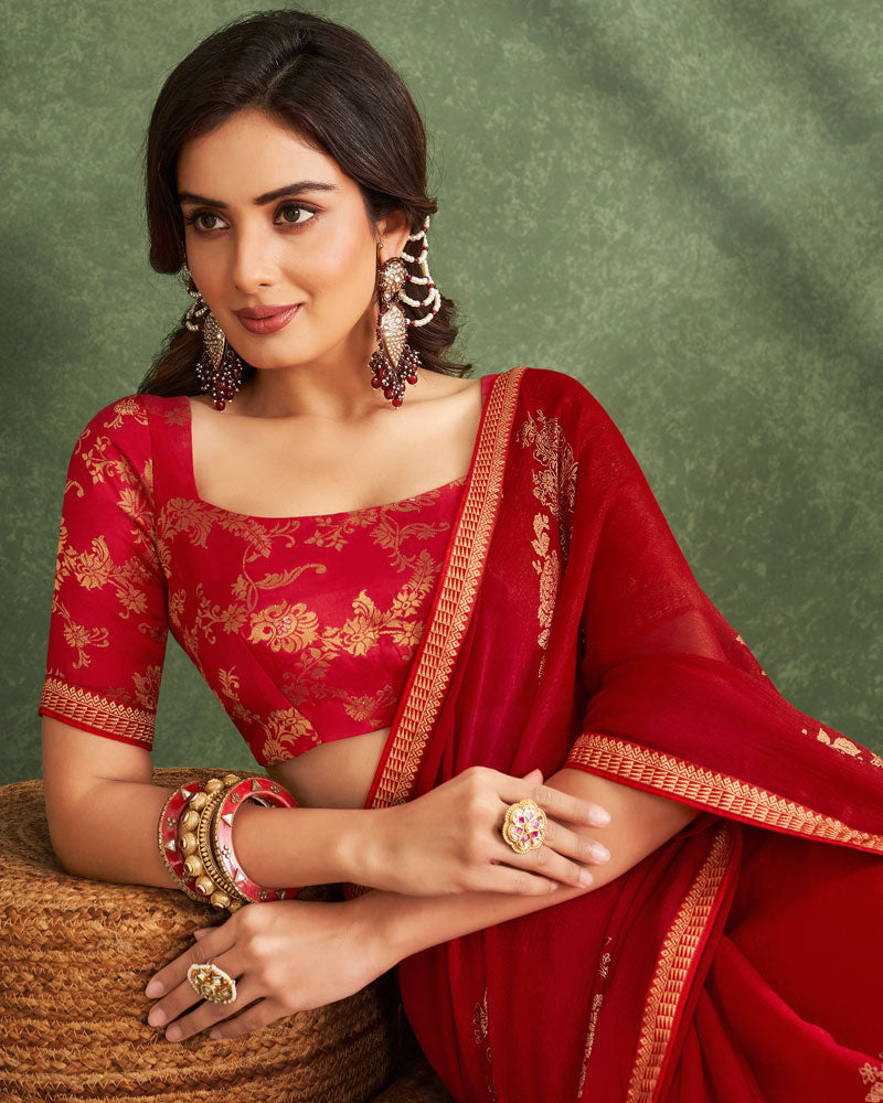 Vishal Prints Cherry Red Printed Chiffon Saree With Foil Print And Zari Border