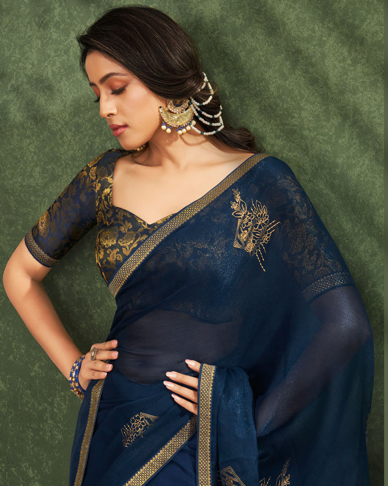 Vishal Prints Navy Blue Printed Chiffon Saree With Foil Print And Zari Border