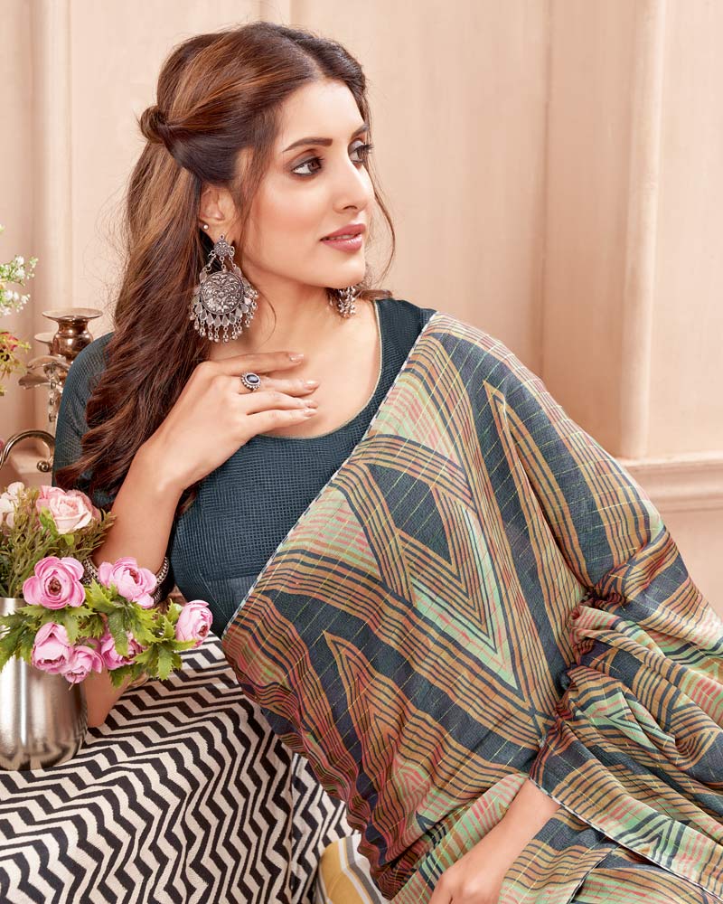 Vishal Prints Black Printed Fancy Chiffon Saree With Core Piping