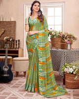 Vishal Prints Moss Green Printed Fancy Chiffon Saree With Core Piping