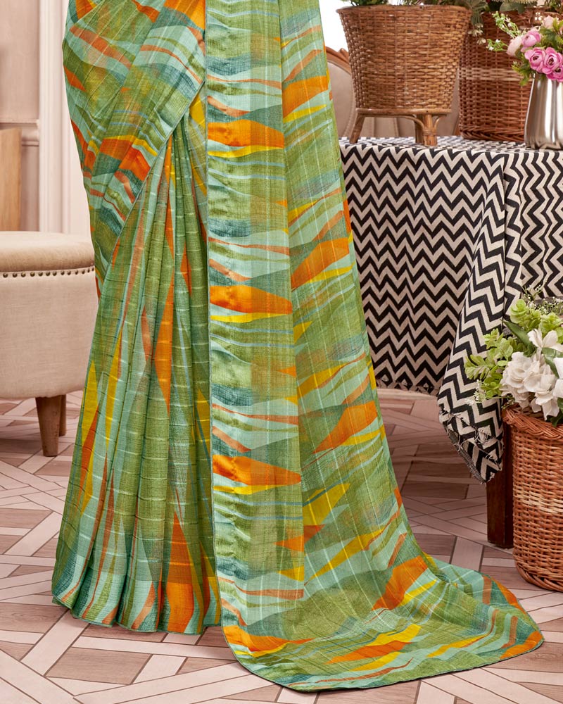 Vishal Prints Moss Green Printed Fancy Chiffon Saree With Core Piping