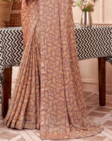 Vishal Prints Dark Peach Printed Fancy Chiffon Saree With Core Piping