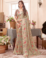 Vishal Prints Pastel Brown Printed Fancy Chiffon Saree With Core Piping