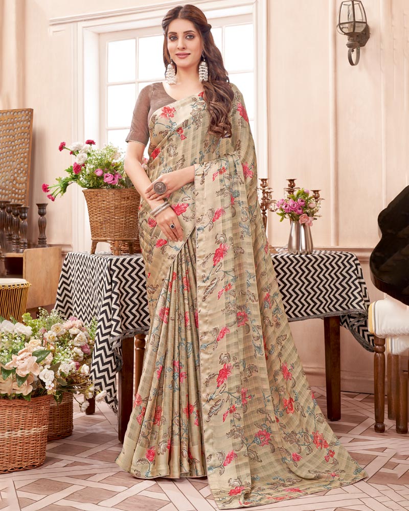Vishal Prints Pastel Brown Printed Fancy Chiffon Saree With Core Piping
