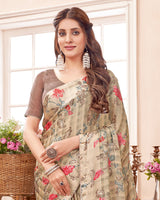 Vishal Prints Pastel Brown Printed Fancy Chiffon Saree With Core Piping