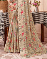 Vishal Prints Pastel Brown Printed Fancy Chiffon Saree With Core Piping