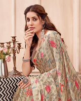 Vishal Prints Pastel Brown Printed Fancy Chiffon Saree With Core Piping