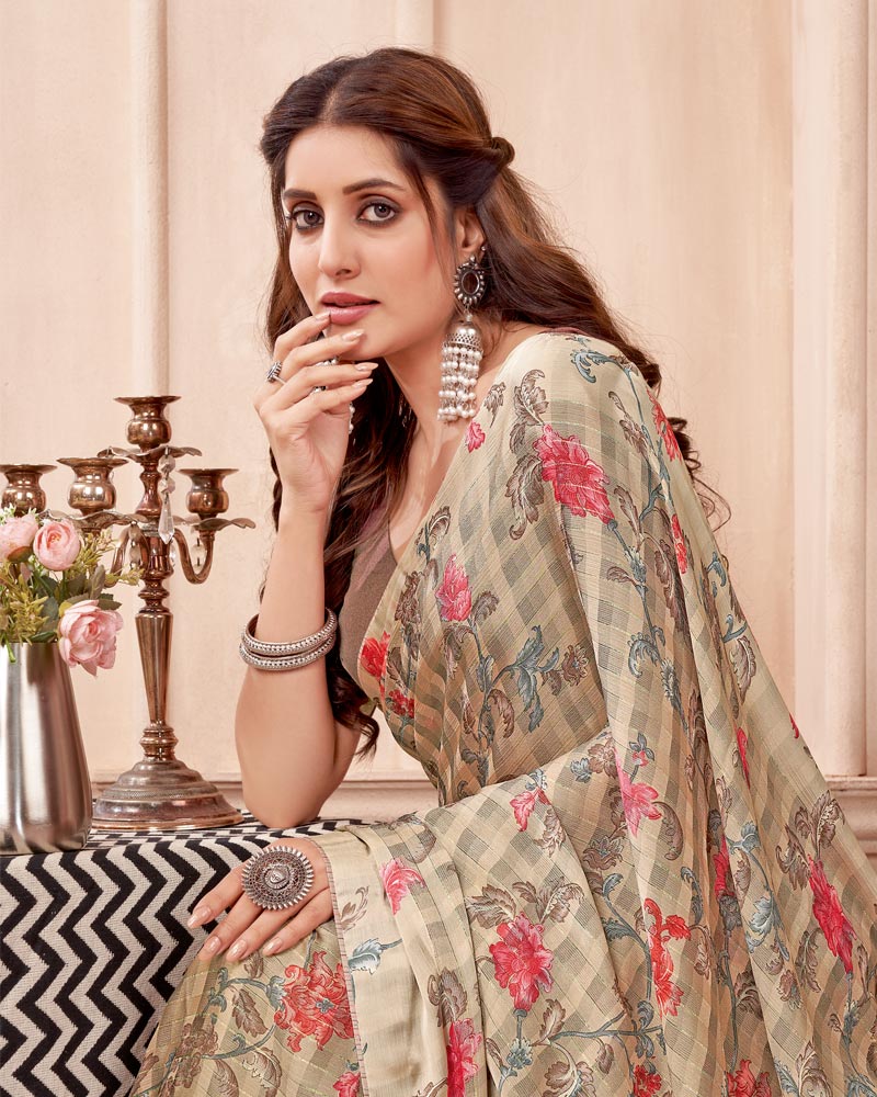 Vishal Prints Pastel Brown Printed Fancy Chiffon Saree With Core Piping