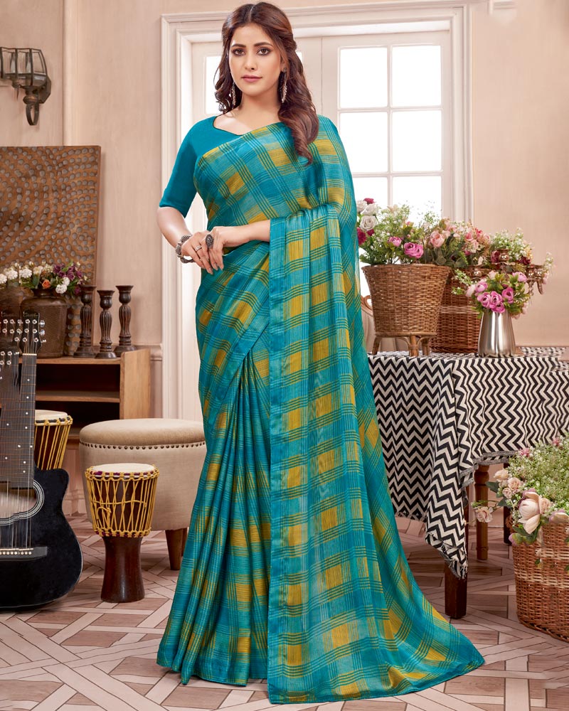 Vishal Prints Peacock Blue Printed Fancy Chiffon Saree With Core Piping