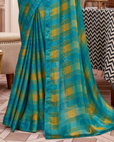 Vishal Prints Peacock Blue Printed Fancy Chiffon Saree With Core Piping