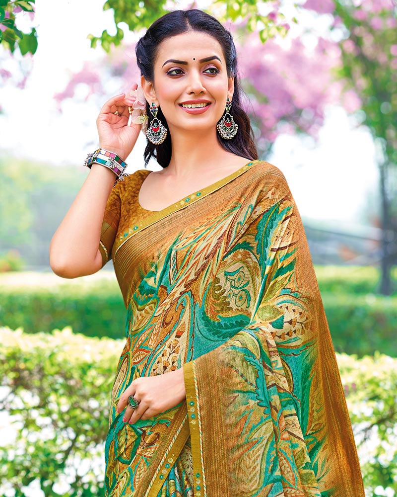 Vishal Prints Driftwood Yellow Printed Fancy Chiffon Saree With Border