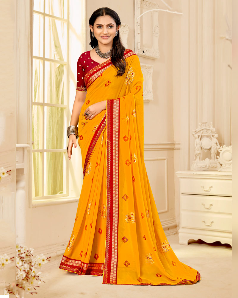 Vishal Prints Dark Yellowish Orange Printed Georgette Traditional Print Saree With Foil Print And Viscose-Embroidery Border
