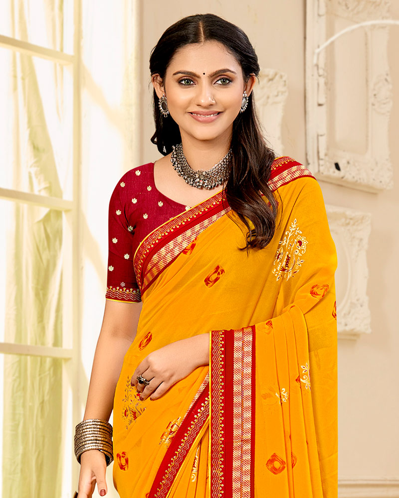 Vishal Prints Dark Yellowish Orange Printed Georgette Traditional Print Saree With Foil Print And Viscose-Embroidery Border
