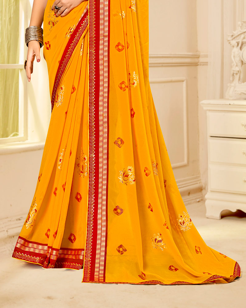 Vishal Prints Dark Yellowish Orange Printed Georgette Traditional Print Saree With Foil Print And Viscose-Embroidery Border