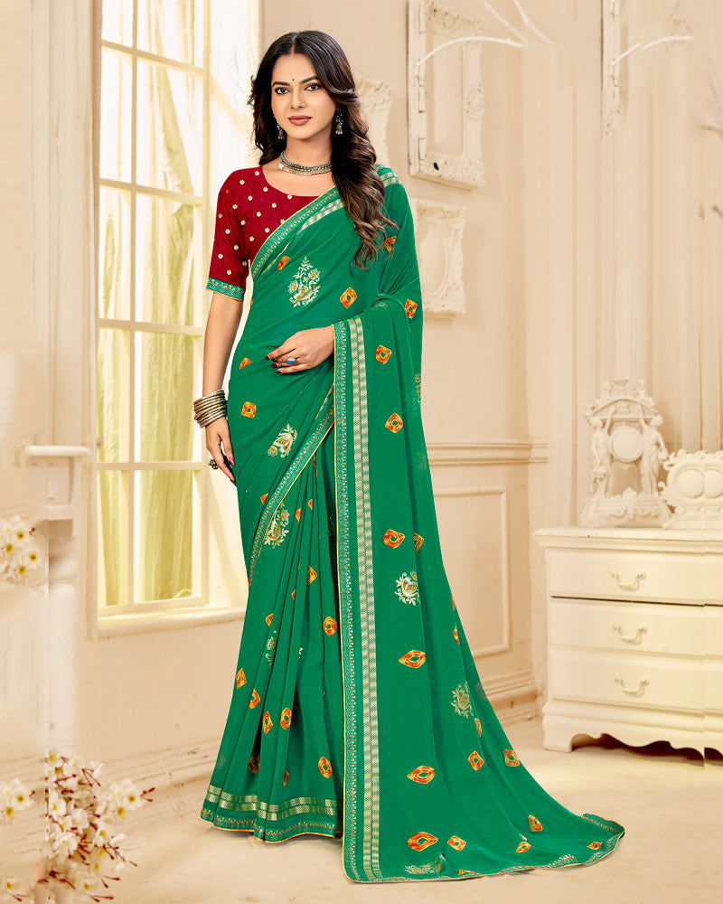 Vishal Prints Tropical Green Printed Georgette Traditional Print Saree With Foil Print And Viscose-Embroidery Border