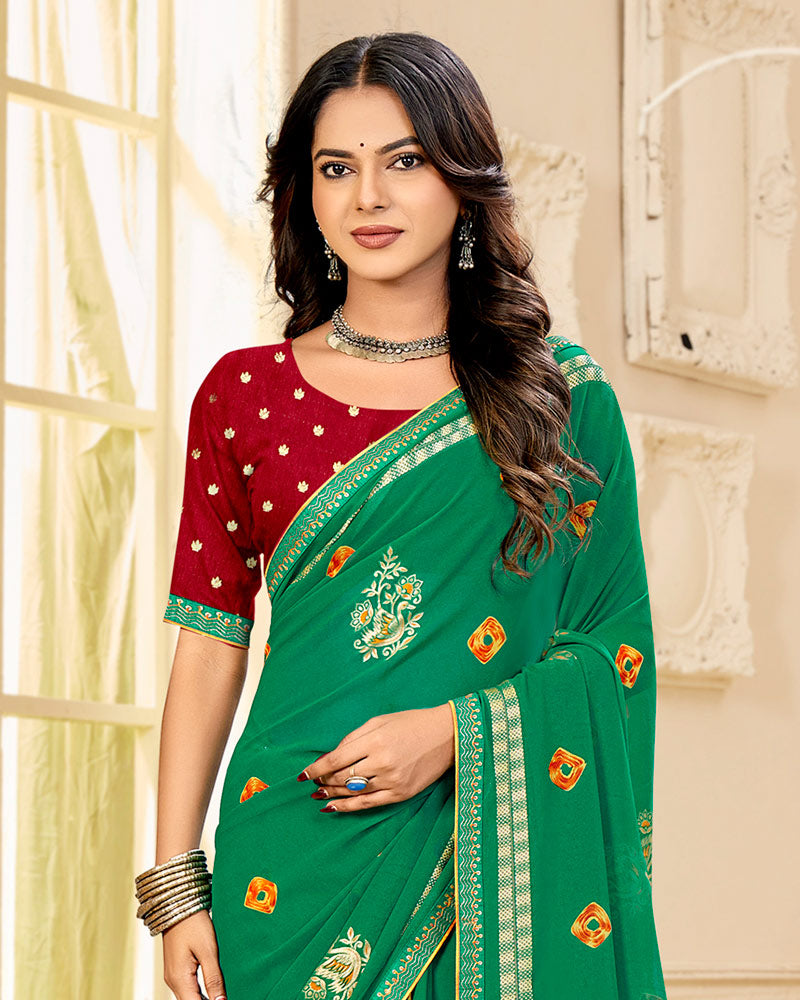 Vishal Prints Tropical Green Printed Georgette Traditional Print Saree With Foil Print And Viscose-Embroidery Border