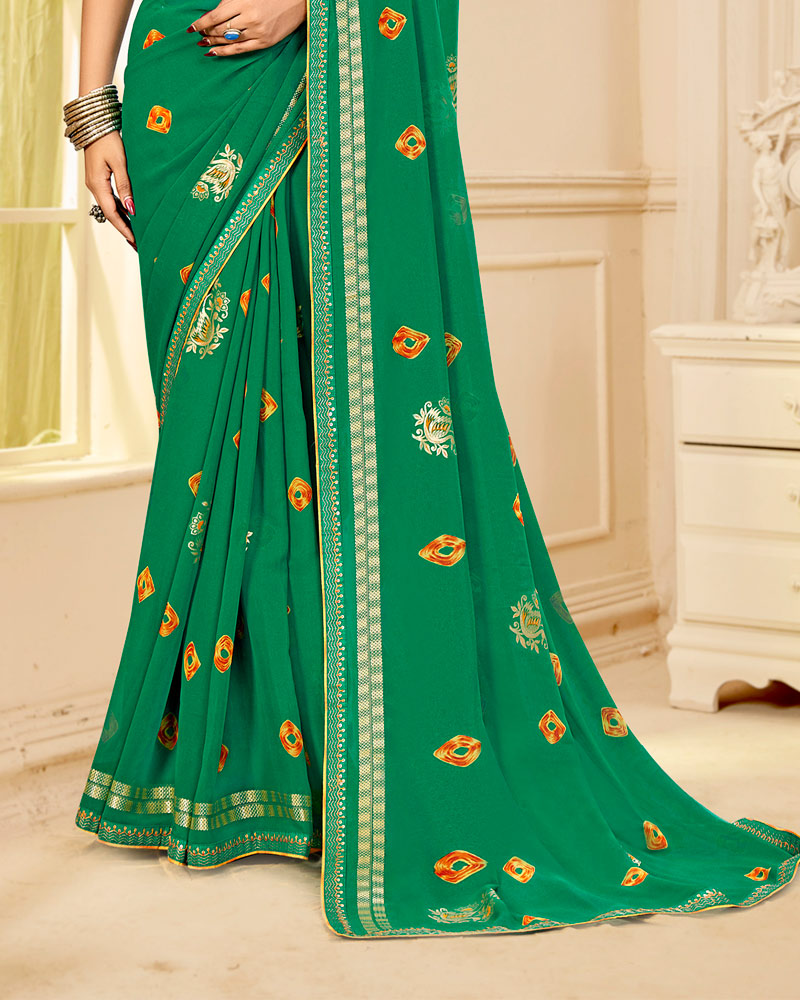 Vishal Prints Tropical Green Printed Georgette Traditional Print Saree With Foil Print And Viscose-Embroidery Border