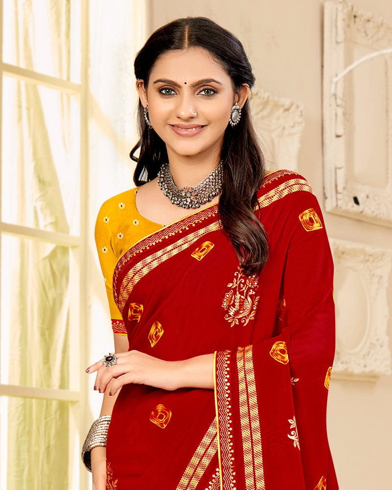 Vishal Prints Crimson Red Printed Georgette Traditional Print Saree With Foil Print And Viscose-Embroidery Border