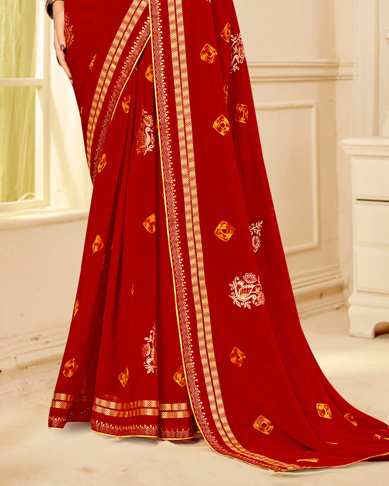Vishal Prints Crimson Red Printed Georgette Traditional Print Saree With Foil Print And Viscose-Embroidery Border