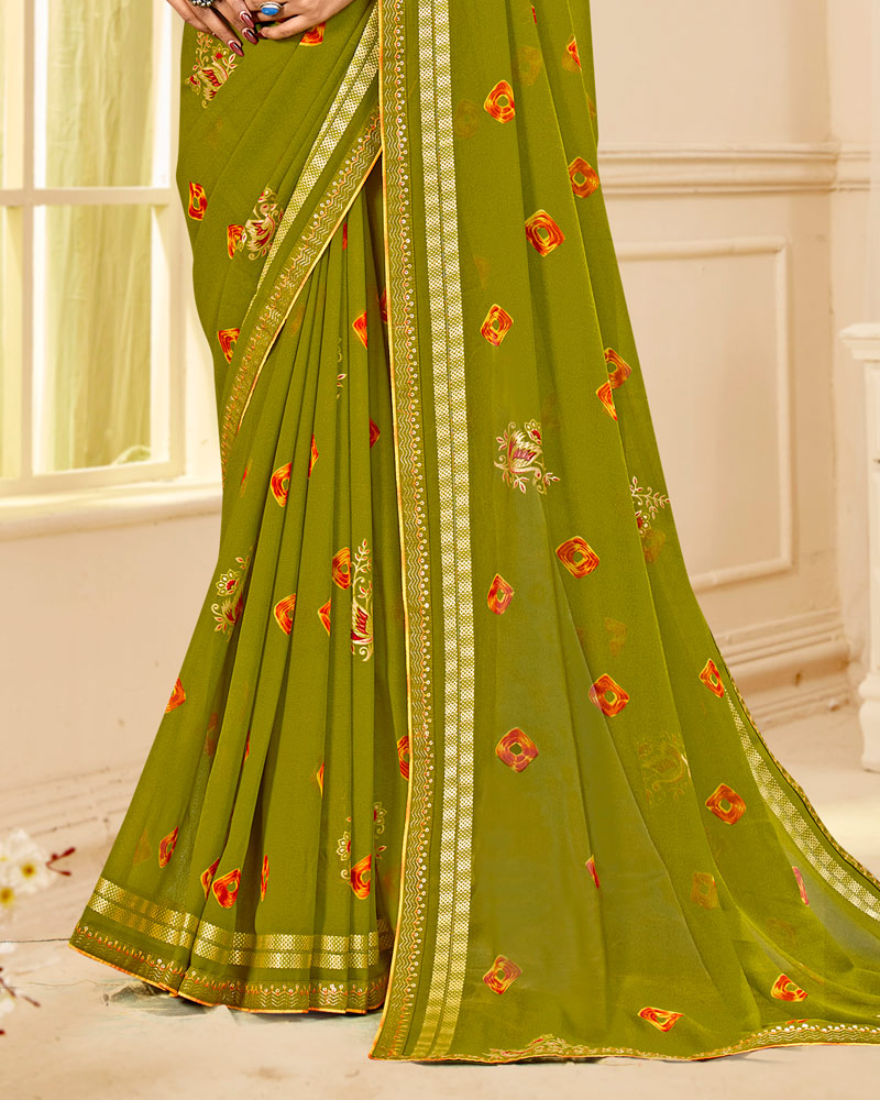 Vishal Prints Olive Yellow Printed Georgette Traditional Print Saree With Foil Print And Viscose-Embroidery Border
