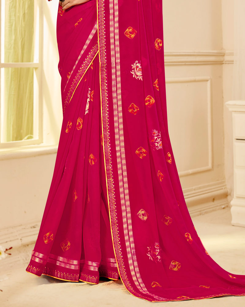 Vishal Prints Red Pink Printed Georgette Traditional Print Saree With Foil Print And Viscose-Embroidery Border