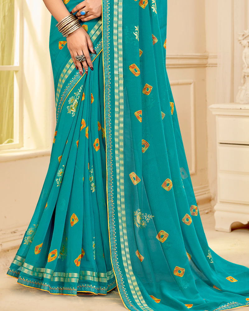 Vishal Prints Ocean Blue Printed Georgette Traditional Print Saree With Foil Print And Viscose-Embroidery Border