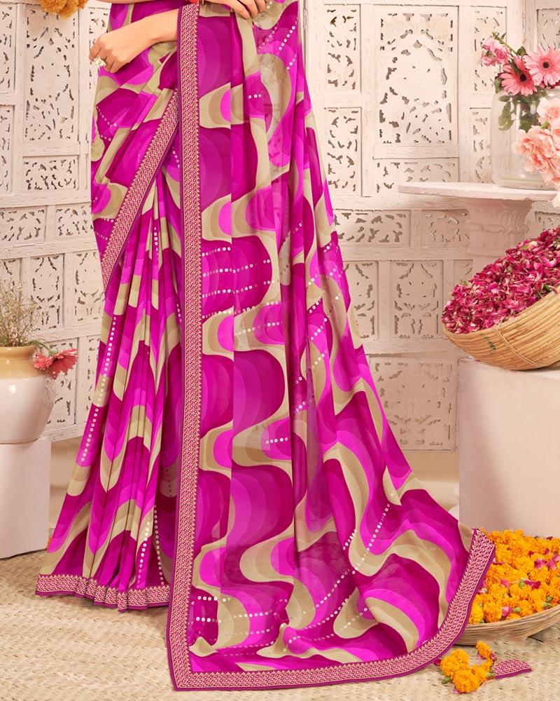 Vishal Prints Rani Printed Weightless Georgette Saree With Foil Print And Zari Border