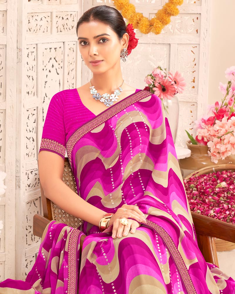 Vishal Prints Rani Printed Weightless Georgette Saree With Foil Print And Zari Border