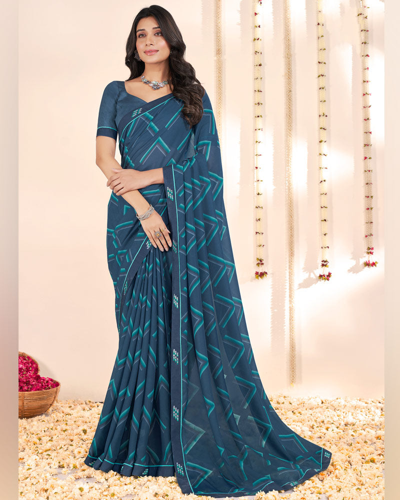 Vishal Prints Fiord Blue Weightless Printed Georgette Saree With Fancy Border