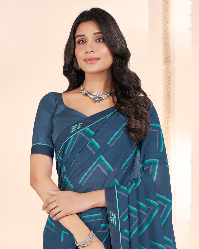 Vishal Prints Fiord Blue Weightless Printed Georgette Saree With Fancy Border