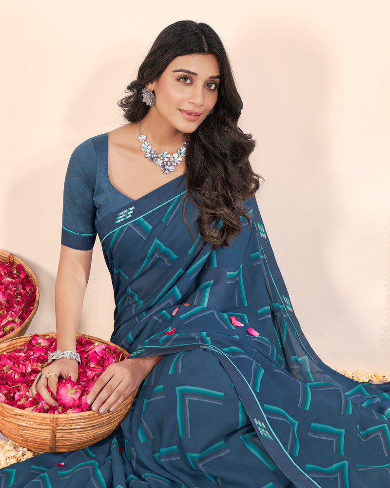 Vishal Prints Fiord Blue Weightless Printed Georgette Saree With Fancy Border