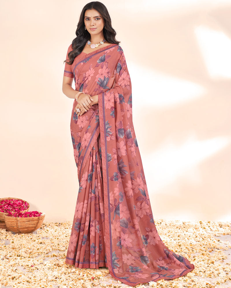 Vishal Prints Peach Weightless Printed Georgette Saree With Fancy Border