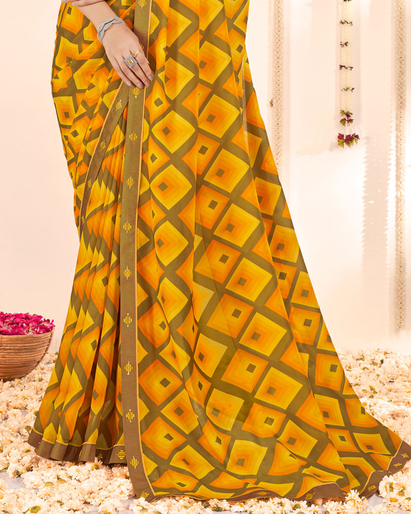 Vishal Prints Dark Mustard Weightless Printed Georgette Saree With Fancy Border