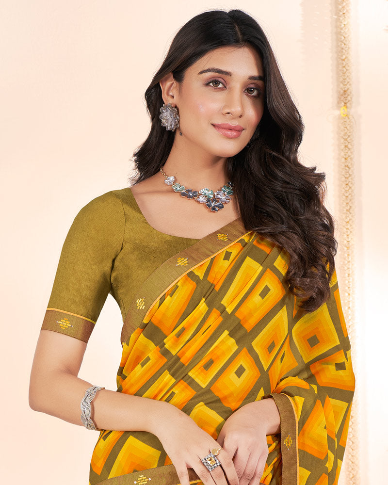 Vishal Prints Dark Mustard Weightless Printed Georgette Saree With Fancy Border