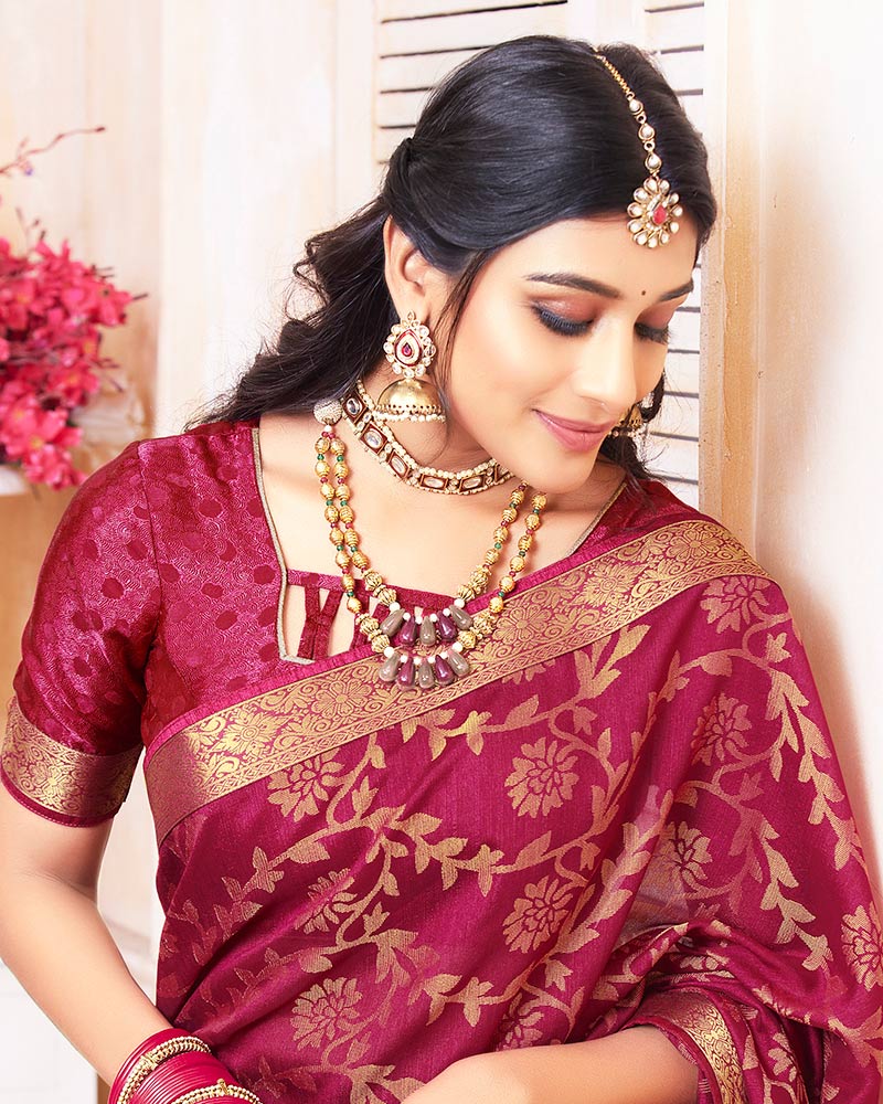 Vishal Prints Rose Red Silk Brasso Saree With Zari Border