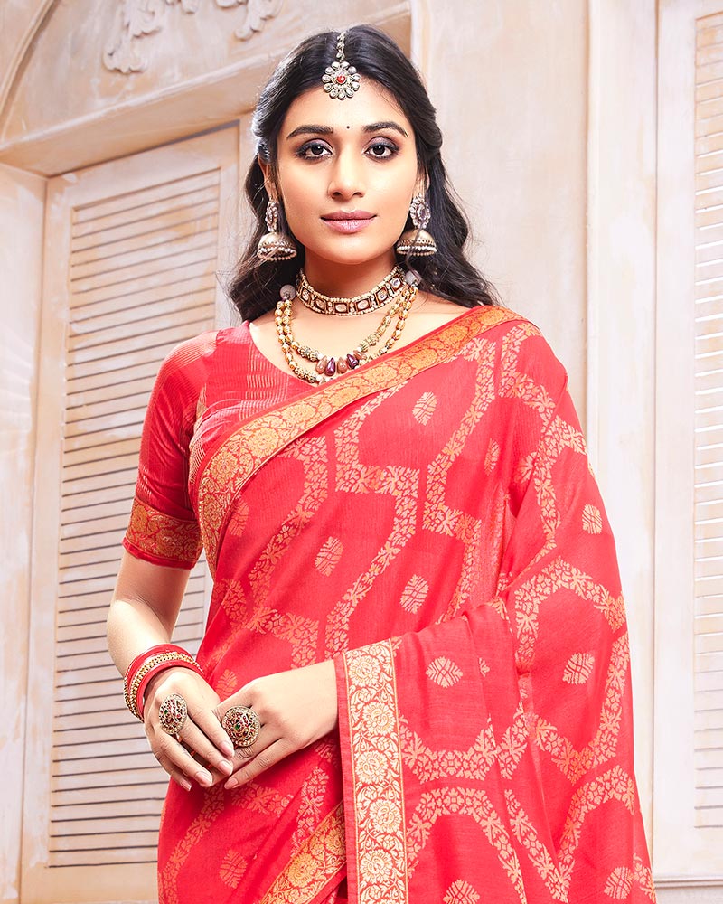 Vishal Prints Light Red Silk Brasso Saree With Zari Border