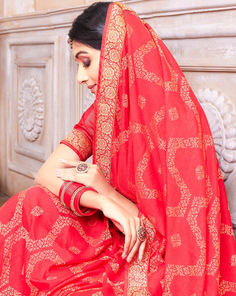 Vishal Prints Light Red Silk Brasso Saree With Zari Border