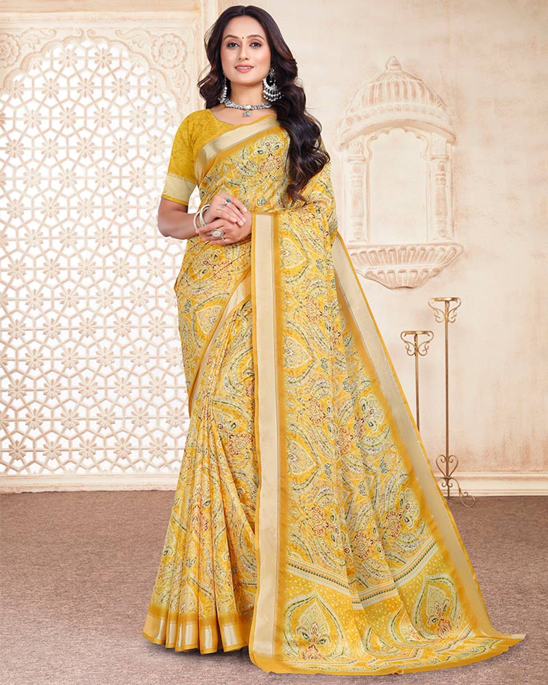 Vishal Prints Pastel Yellow Digital Print Criva Crepe Saree With Weaved Viscose Patta